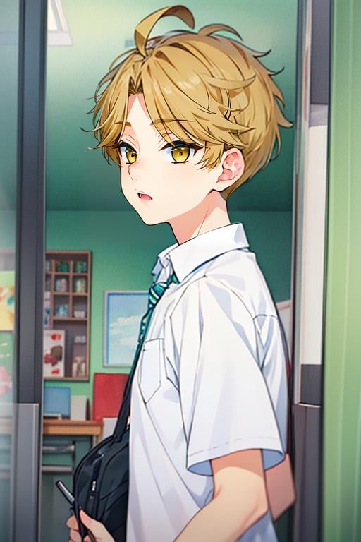 (best quality:1.1), (masterpiece:1.4), game cg, 1boy, solo, male focus, , , , (watercolor illustration, soft pastel colors:1.1), , <lora:yuuma_nikaidou:1>, yuuma_nikaidou, blonde hair, yellow eyes, short hair, graduation costume, The Island of Dreams: A place where all your deepest desires come true, High resolution