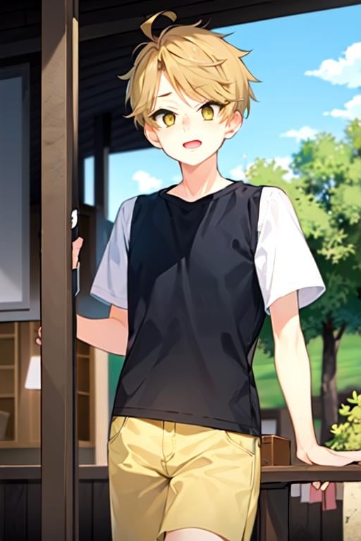 (best quality:1.1), (masterpiece:1.4), photorealistic, 1boy, solo, male focus, , , , , realistic, <lora:yuuma_nikaidou:0.92>, yuuma_nikaidou, blonde hair, yellow eyes, short hair, , , rural,