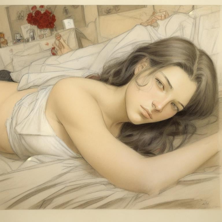 <lora:gibrat:1> charcoal sketch of a woman lying on her stomach on a bed, by Jean-Pierre Gibrat