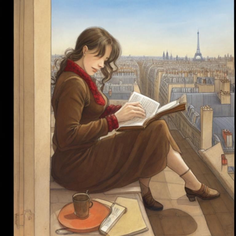 a woman reading a book on a rooftop in paris, in the style of Jean-Pierre Gibrat  <lora:gibrat:1>