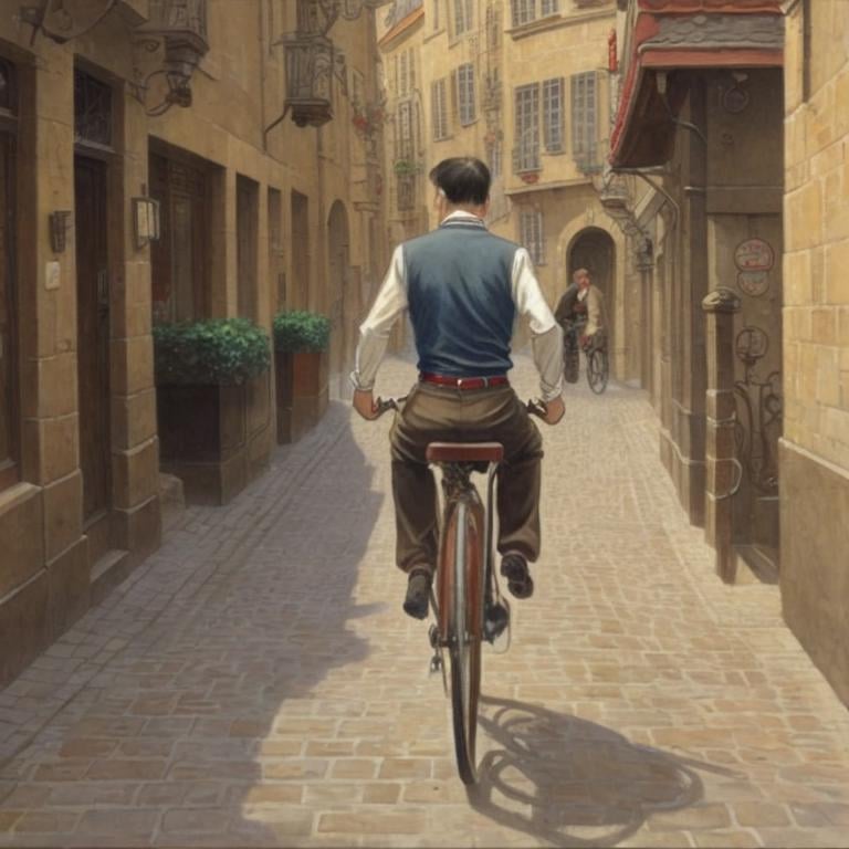 a man riding a bicycle down a cobblestone street, in the style of Jean-Pierre Gibrat  <lora:gibrat:1>