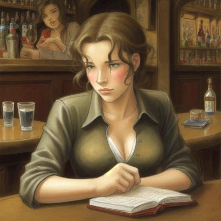 a woman reading a book in a bar, in the style of Jean-Pierre Gibrat  <lora:gibrat:1>