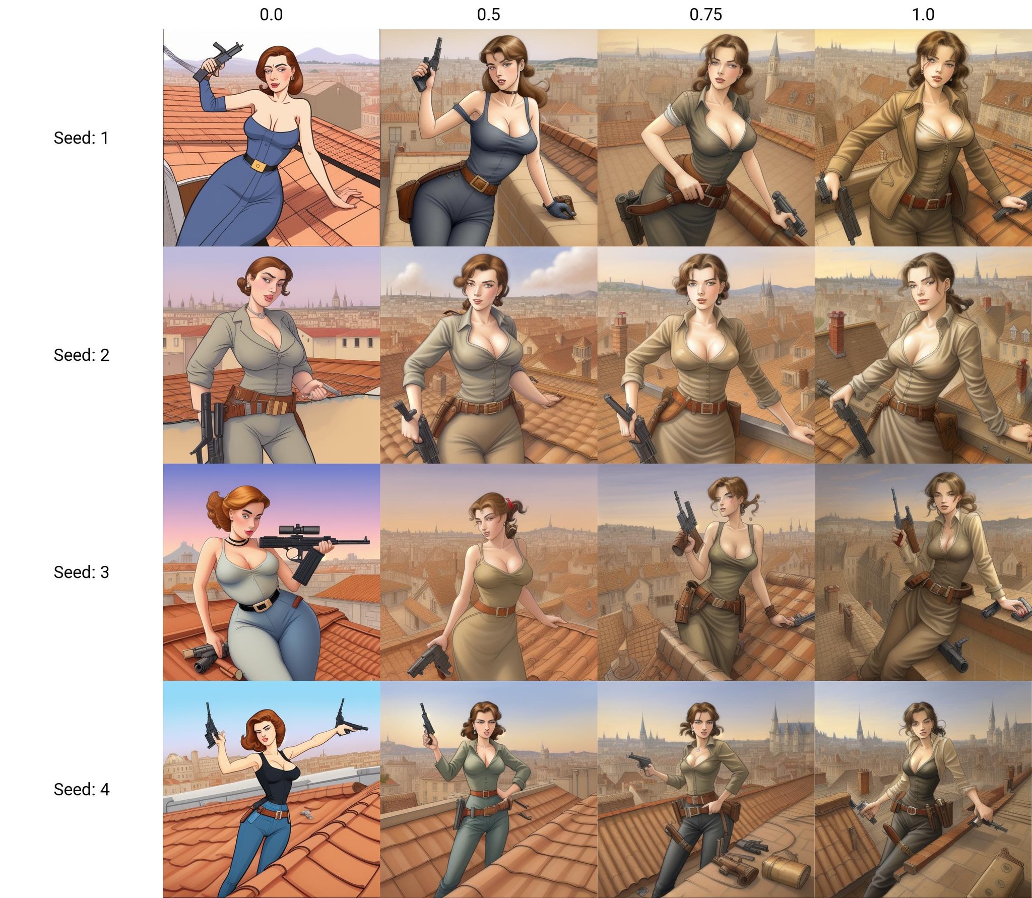 Illustration of a woman on a rooftop with a gun, in the style of Jean-Pierre Gibrat  <lora:gibrat:0.0>