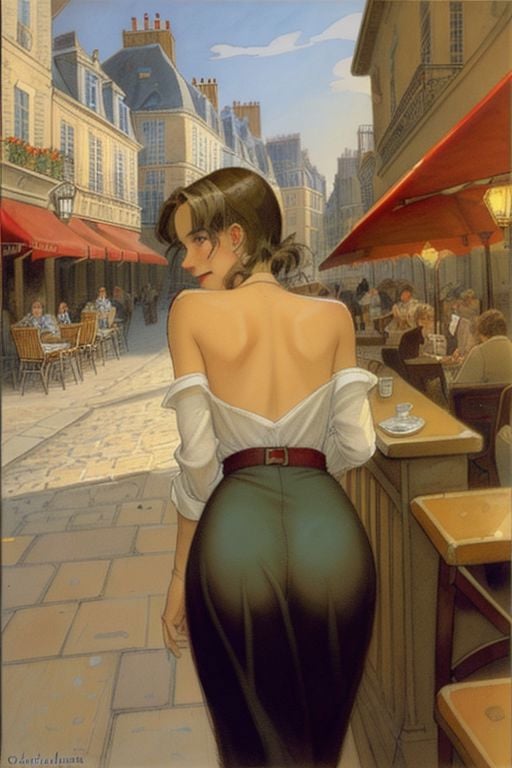 Sidewalk Cafe, cobblestone street, illustration by Jean-Pierre Gibrat, from behind, over shoulder