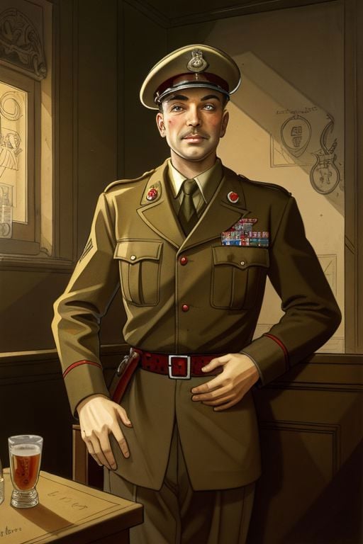 WW2 military officer, Smoky pub, illustration in the style of Jean-Pierre Gibrat