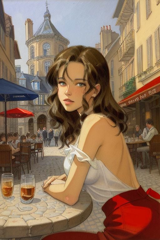 Sidewalk Cafe, cobblestone street, illustration by Jean-Pierre Gibrat, brunette, over shoulder