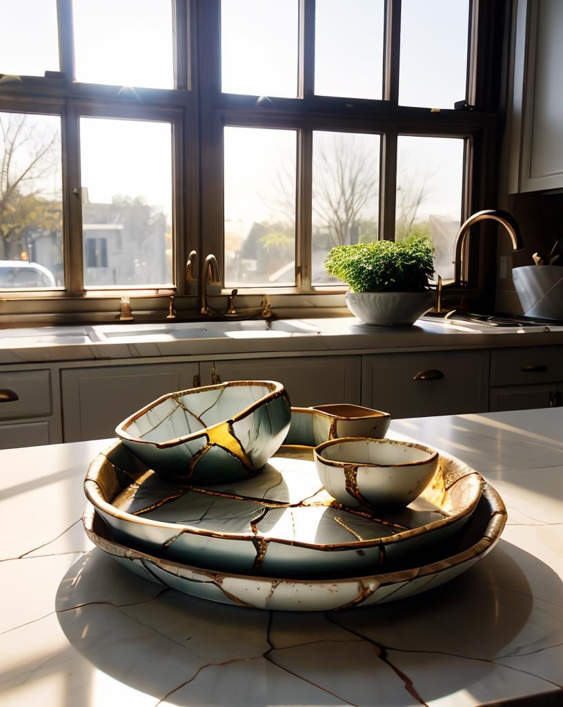 kintsugi dishes, kitchen sink, window, sunshine, bokeh <lora:kintsugi:1>