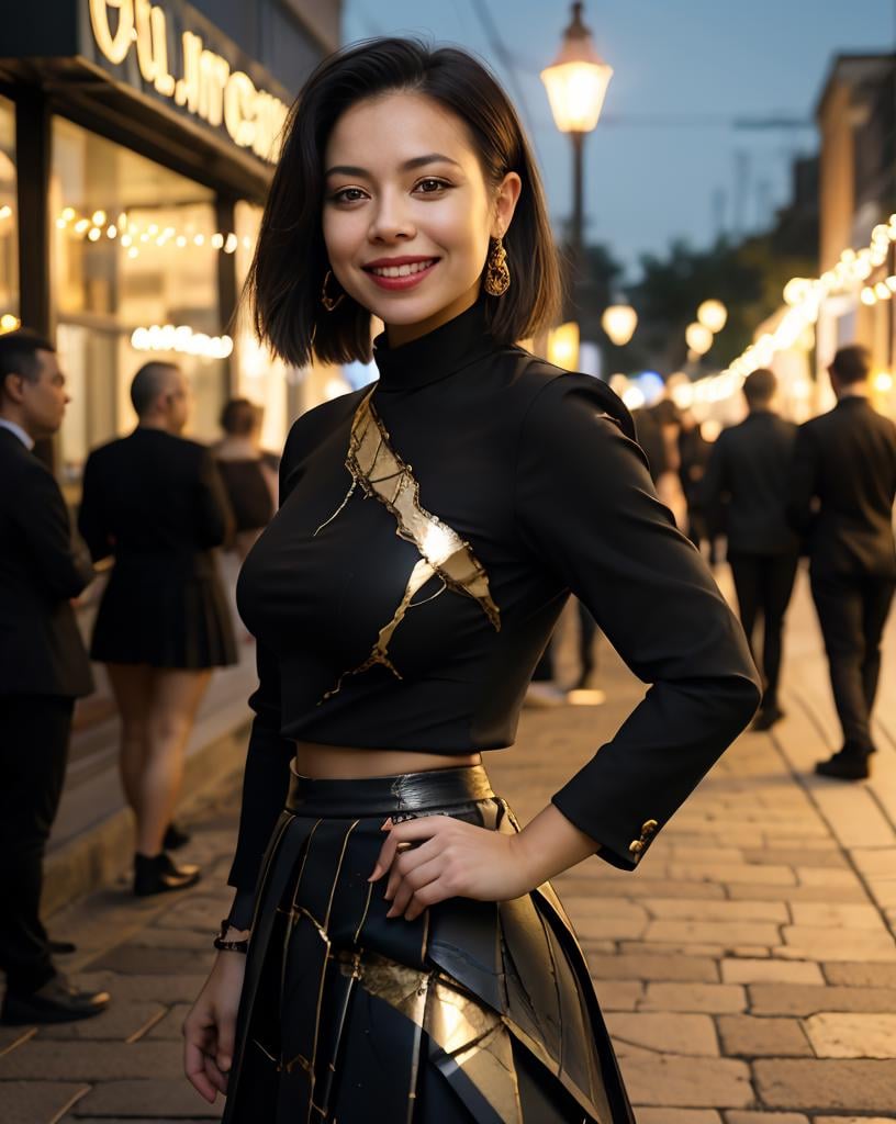 woman wearing a kintsugi pleated skirt, black kintsugi blouse, bokeh, standing outside at a sidewalk cafe, nighttime, smile <lora:kintsugi:1>