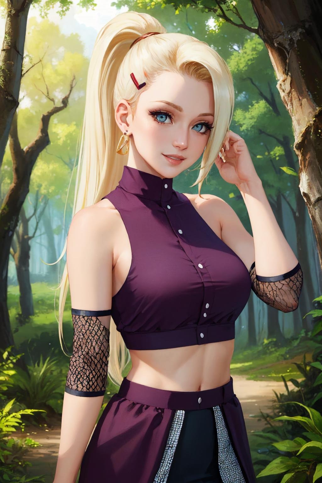 (masterpiece, best quality:1.2), solo, 1girl, yamanaka ino, smile, looking at viewer, hair over one eye, ponytail, hairclip, crop top, sleeveless, skirt, fishnets, earrings, midriff, forest <lora:naruto_inoyamanaka:1>