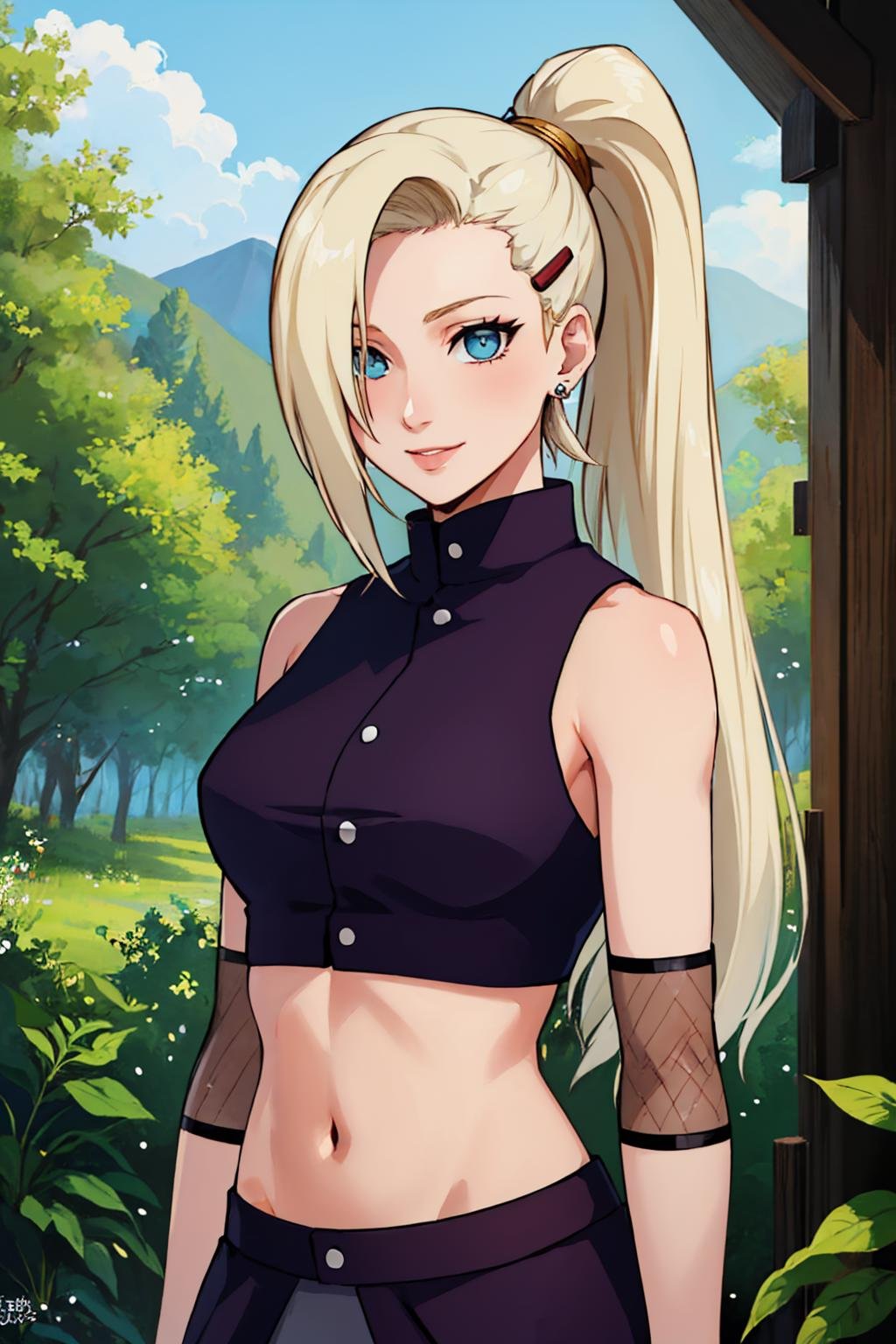 (masterpiece, best quality:1.2), solo, 1girl, yamanaka ino, smile, looking at viewer, hair over one eye, ponytail, hairclip, crop top, skirt, fishnets, earrings, midriff, forest <lora:naruto_inoyamanaka:1>