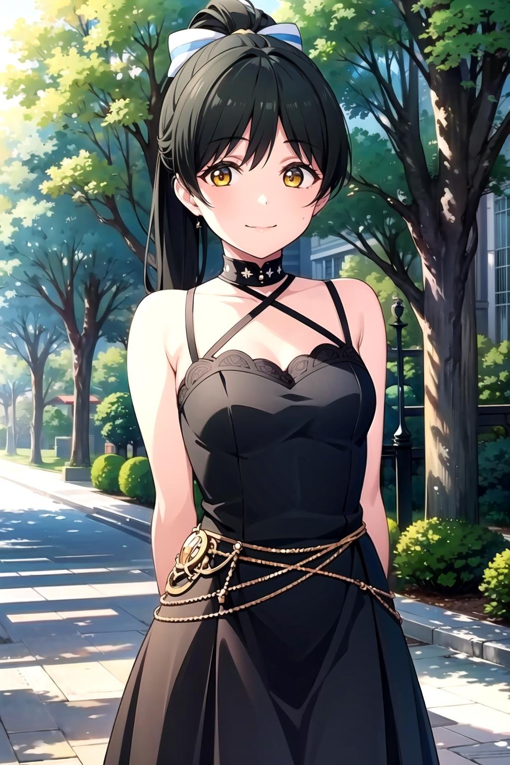 (masterpiece, best quality, ultra-detailed), (illustration), (beautiful detailed eyes), (1girl), (solo), hazuki ren, high ponytail, yellow eyes, bangs, black hair, hair bow, long hair,  <lora:RenLL_v1:0.6>,outdoors, dress, looking at viewer, arms behind back, closed mouth, smile, 