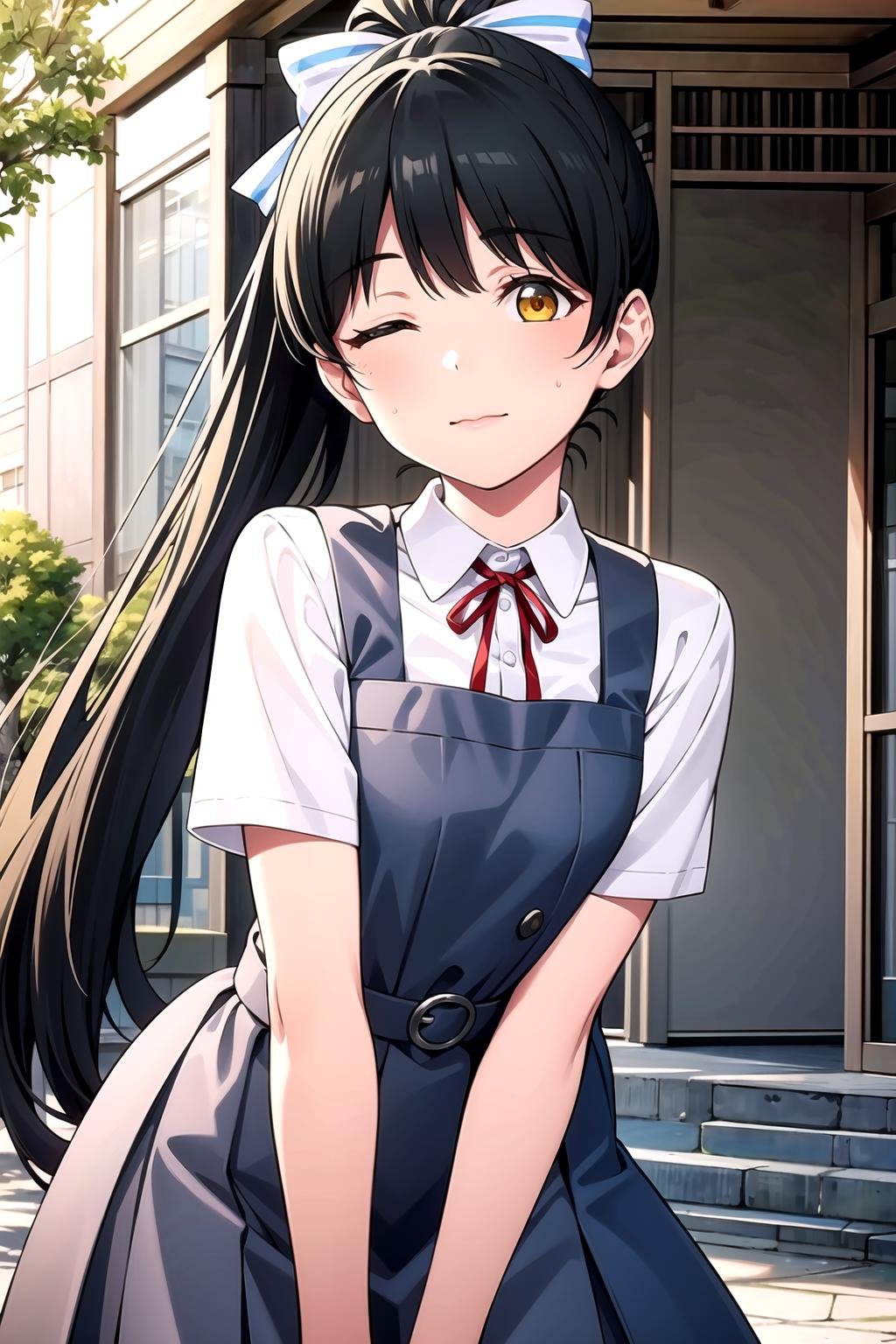 (masterpiece, best quality, ultra-detailed), (illustration), (beautiful detailed eyes), (1girl), (solo), hazuki ren, high ponytail, yellow eyes, bangs, black hair, hair bow, long hair,  <lora:RenLL_v1:0.6>, shirt, dress, ribbon, school uniform, white shirt,  short sleeves, one eye closed, collared shirt, red ribbon, neck ribbon, pinafore dress, yuigaoka school uniform,outdoors, looking at viewer, cowboy shot, 