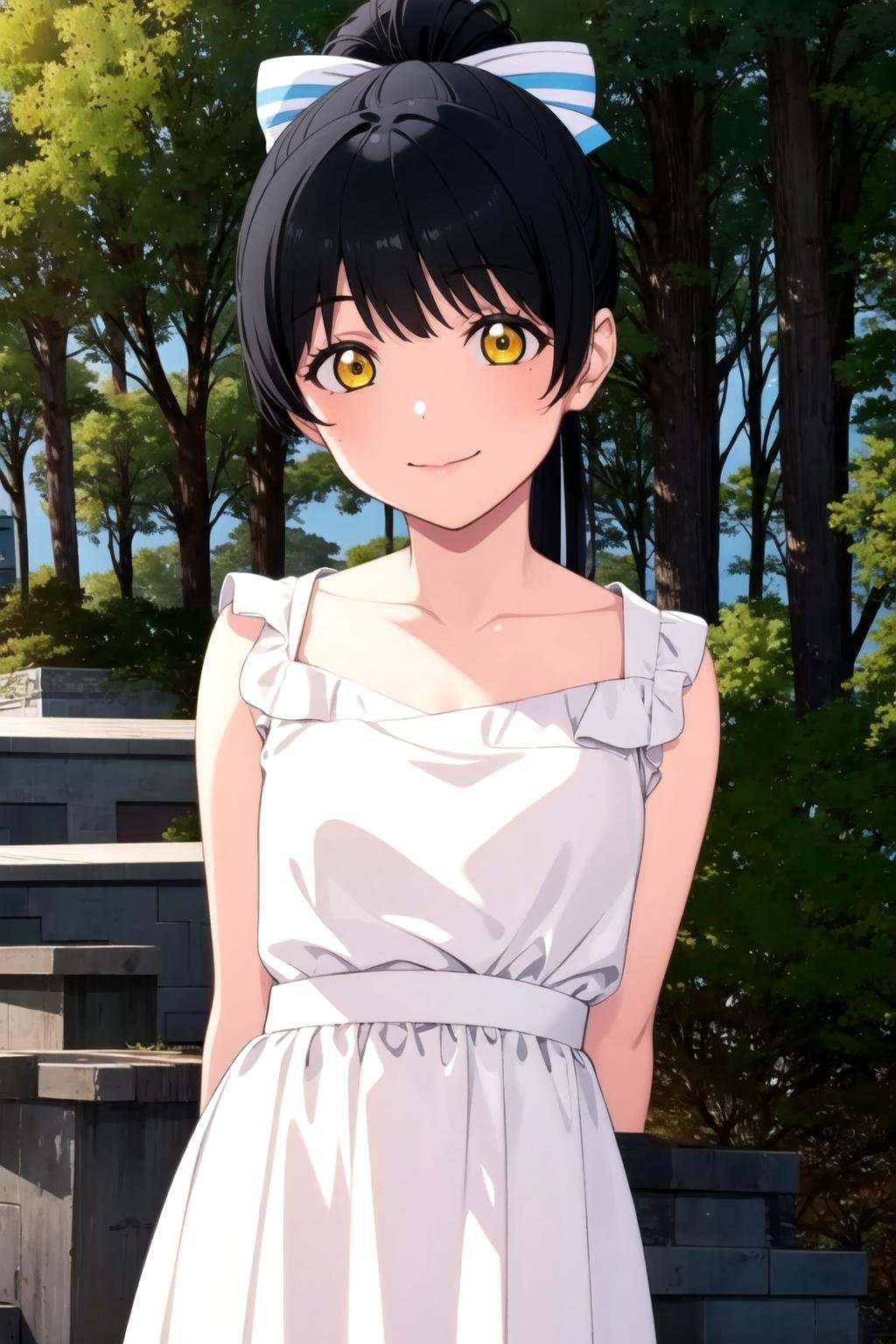 (masterpiece, best quality, ultra-detailed), (illustration), (beautiful detailed eyes), (1girl), (solo), hazuki ren, high ponytail, yellow eyes, bangs, black hair, hair bow, <lora:RenLL_v1:0.8>,outdoors, dress, looking at viewer, arms behind back, closed mouth, smile, 