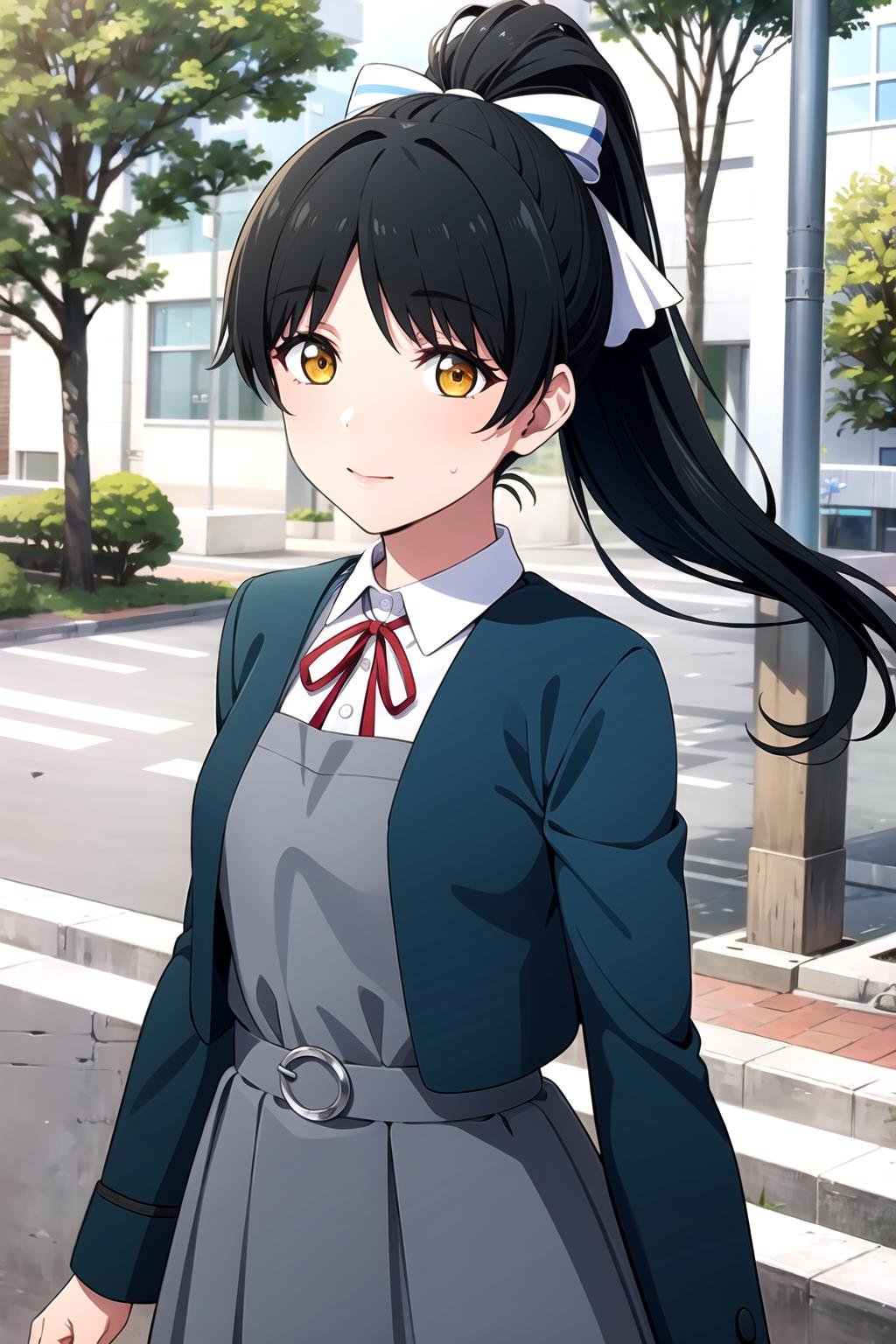 (masterpiece, best quality, ultra-detailed), (illustration), (beautiful detailed eyes), (1girl), (solo), hazuki ren, high ponytail, yellow eyes, bangs, black hair, hair bow, long hair,  <lora:RenLL_v1:0.6>, shirt, black hair, dress, ribbon, school uniform, jacket, ponytail, open clothes, collared shirt, open jacket, red ribbon, neck ribbon, blue jacket, pinafore dress, grey dress, yuigaoka school uniformoutdoors, looking at viewer, cowboy shot, 