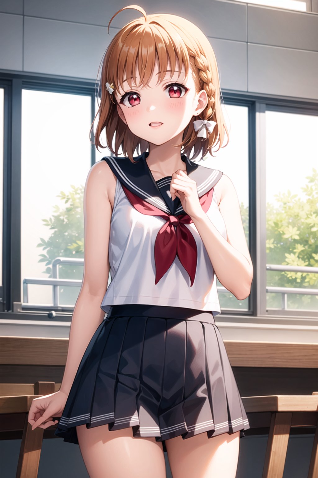 (masterpiece, best quality, ultra-detailed), 1girl, solo, takami chika, red eyes, braid, hair bow, ahoge, white shirt, pleated skirt, serafuku, sleeveless, grey skirt, neckerchief, uranohoshi school uniform, grey sailor collar, 