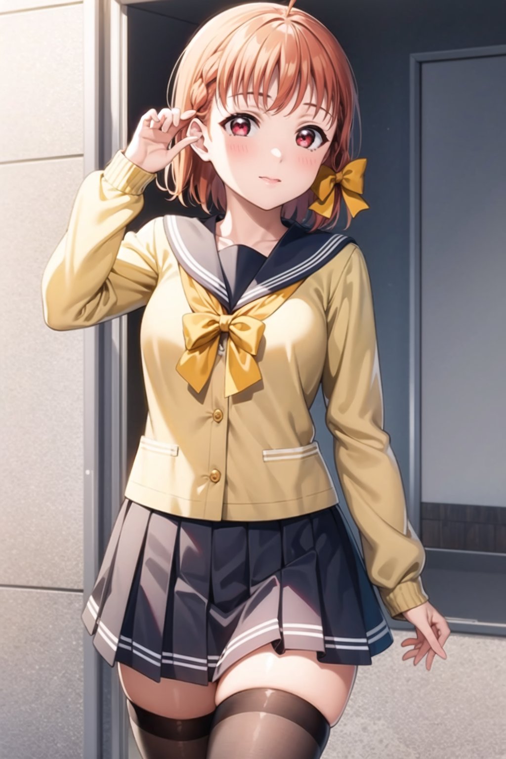 (masterpiece, best quality, ultra-detailed), 1girl, solo, takami chika, red eyes, braid, hair bow, ahoge,uranohoshi school uniform,  yellow cardigan, red bow, pleated skirt, gray skirt, thighhighs, long sleeves, serafuku, sailor collar, 