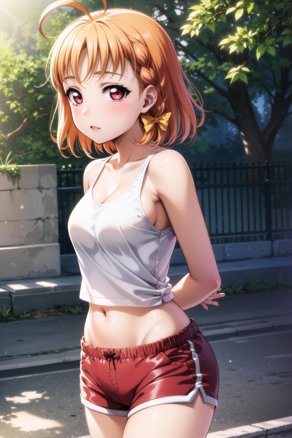 (masterpiece, best quality, ultra-detailed), (illustration), (beautiful detailed eyes), 1girl, solo,<lora:ChikaV2-06:0.75> takami chika, red eyes, medium breasts, ahoge, yellow hair bow,<lora:more_details:0.25>,outdoors, cowboy shot, arms behind back, shorts, black tank top, navel, 