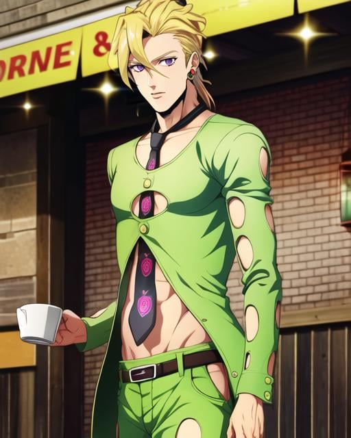 1boy, fugojojo, green clothing, solo, clothing cutout, purple eyes, BREAK (blonde hair), looking at viewer, standing, navel, necktie, upper body, cafe background, lights, coffee, hq, hi res, amazing artwork, official art, pixiv,  <lora:fugojojo-000006:1>