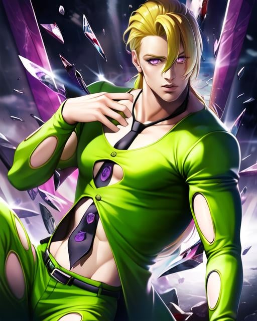 realistic:0.43, 1boy, fugojojo, green clothing, clothing cutout, purple eyes, BREAK (blonde hair), looking at viewer, halfbody, navel, necktie, dramatic, abstract, shattered glass, light refraction, mirror, hq, hi res, amazing artwork, official art:0.8, pixiv,  falling, purple haze (stand),  <lora:Sakimichan_LORAv1:0.65> <lora:fugojojo-000006:0.9>