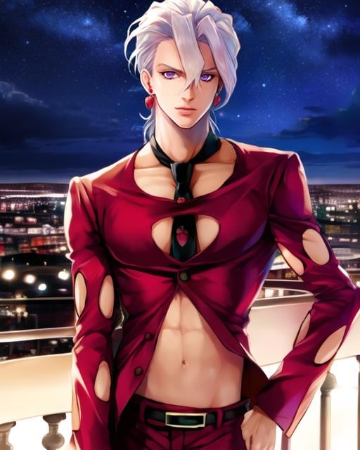 1boy, fugojojo, red clothing, solo, clothing cutout, purple eyes, BREAK (white hair), strawberry earrings BREAK,  looking at viewer, night, city lights, city,  standing, navel, necktie, upper body,   <lora:fugojojo-000006:1>