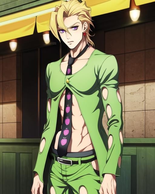 1boy, fugojojo, green clothing, solo, clothing cutout, purple eyes, BREAK (blonde hair), looking at viewer, standing, navel, necktie, upper body, cafe background, lights, coffee, hq, hi res, amazing artwork, official art, pixiv,  <lora:fugojojo-000007:1>