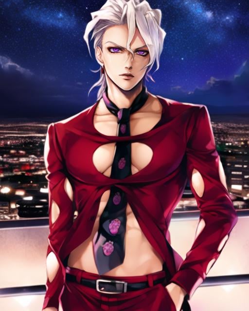 1boy, fugojojo, red clothing, solo, clothing cutout, purple eyes, BREAK (white hair), looking at viewer, night, city lights, city,  standing, navel, necktie, upper body,  <lora:fugojojo-000007:1>