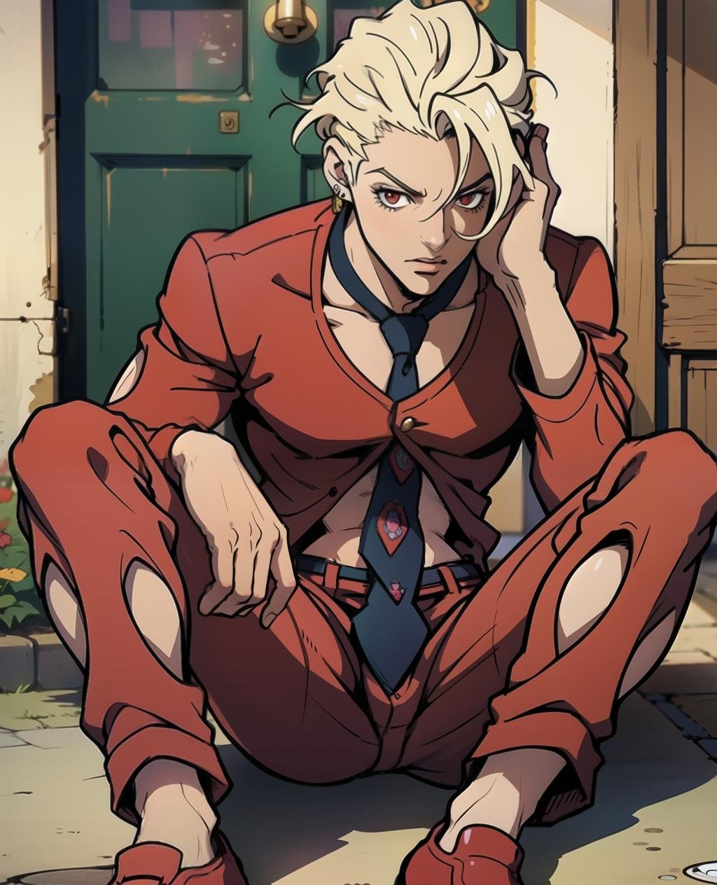 austin-brigg, ((red clothing)), red shirt, shoes, sitting, fugojojo, Masterpiece, best quality,ultra-detailed illustration, 1boy, formal, earrings, strawberry, depth of field,  waist, pants, anime, necktie, red eyes, white hair, beautiful detail, official,  <lora:fugov2-000005:0.87> <lora:last:0.36>