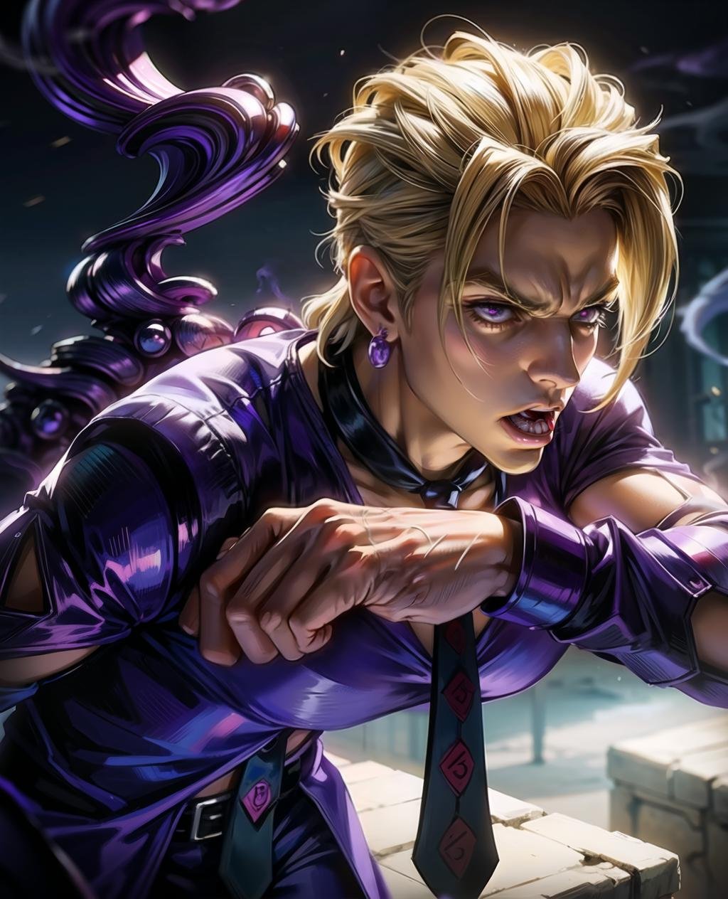 ((purple clothing)), purple shirt, purple haze, purple smoke in background, fugojojo, Masterpiece, best quality,ultra-detailed illustration, 1boy, formal, earrings, strawberry, depth of field,  angry, shouting, teeth, waist, pants, fists, ,depth of field, anime, necktie, red eyes, white hair, beautiful detail, realism,  <lora:fugov2-000005:1> <lora:sakimichan-v1.6-lora-naivae-newcraft:0.35>