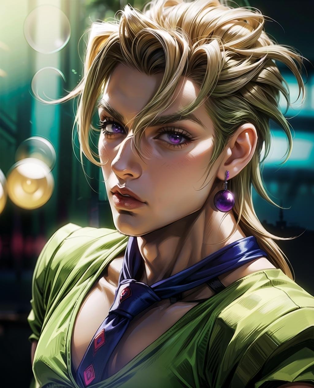 ((green clothing)), green shirt, fugojojo, Masterpiece, best quality,ultra-detailed illustration, 1boy, formal, green clothes, earrings, strawberry, depth of field,  big,depth of field, anime, necktie, purple eyes, beautiful detail, realism,  <lora:fugov2-000005:1> <lora:sakimichan-v1.6-lora-naivae-newcraft:0.35>