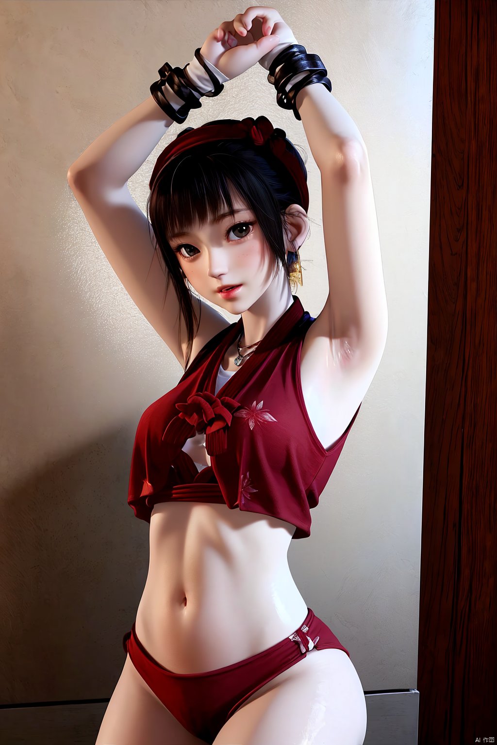 ,1girl, black hair, bangs, forehead mark,facial mark,hair ornament, jewelry, earrings, (chinese clothes:1.3), white legwear,fingernails, nail polish,(8k, RAW photo, best quality, masterpiece:1.2),(realistic, photorealistic:1.3),ultra-detailed,extremely detailed cg 8k wallpaper,(crystalstexture skin:1.2), (glowing skin:1.2), (bright skin), (shiny skin:1.2), extremely delicate andbeautiful,looking at viewer,wide-eyed,(solo, 1girl) (digital) ( in detailed basement, (bound, bondage, bdsm)),best quality,(chained:1.2),(arms_up:1.2),