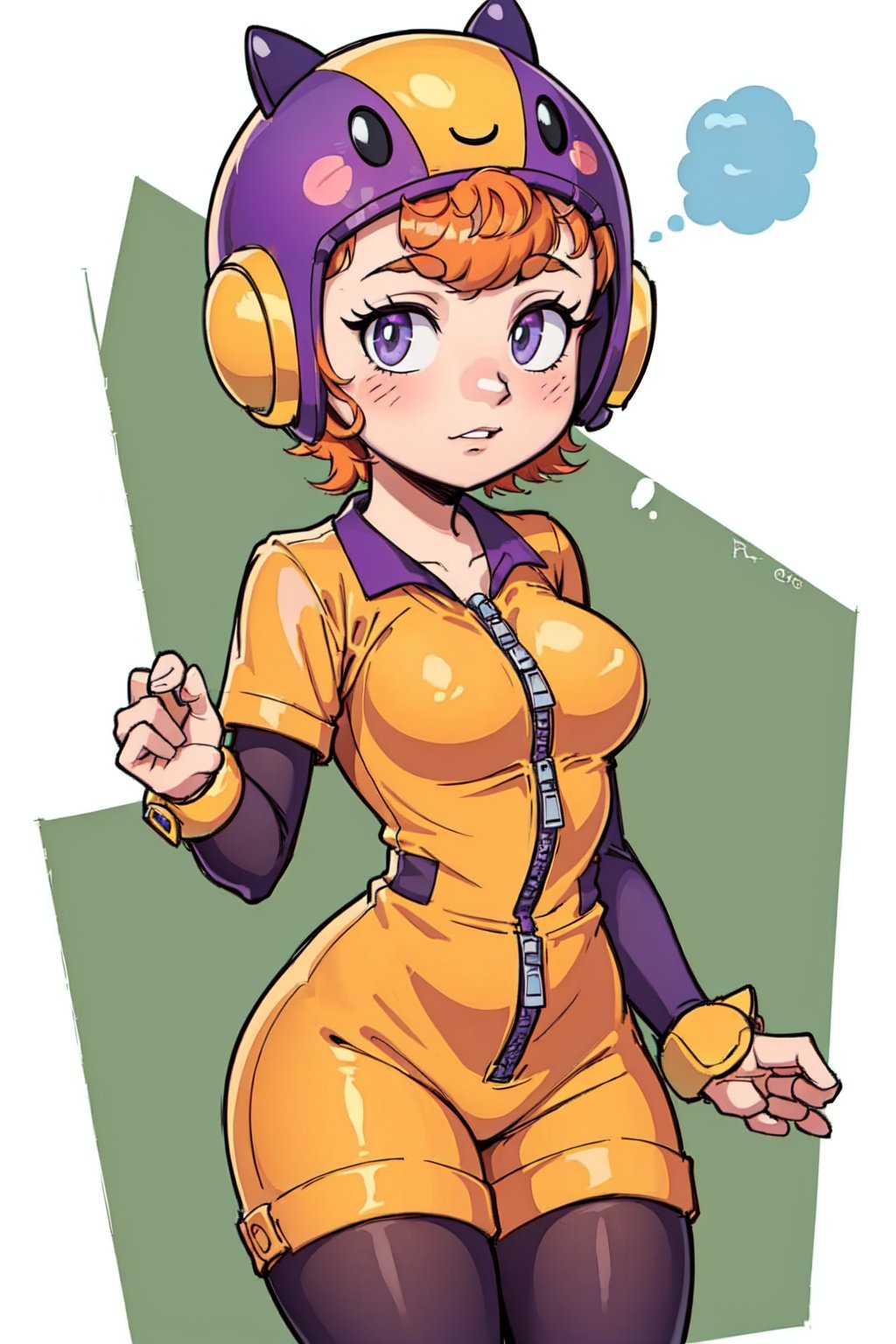 bsbea,orange hair,zipper tab,yellow jumpsuit,shorts,purple sleeves,Purple Long Stockings,helmet 