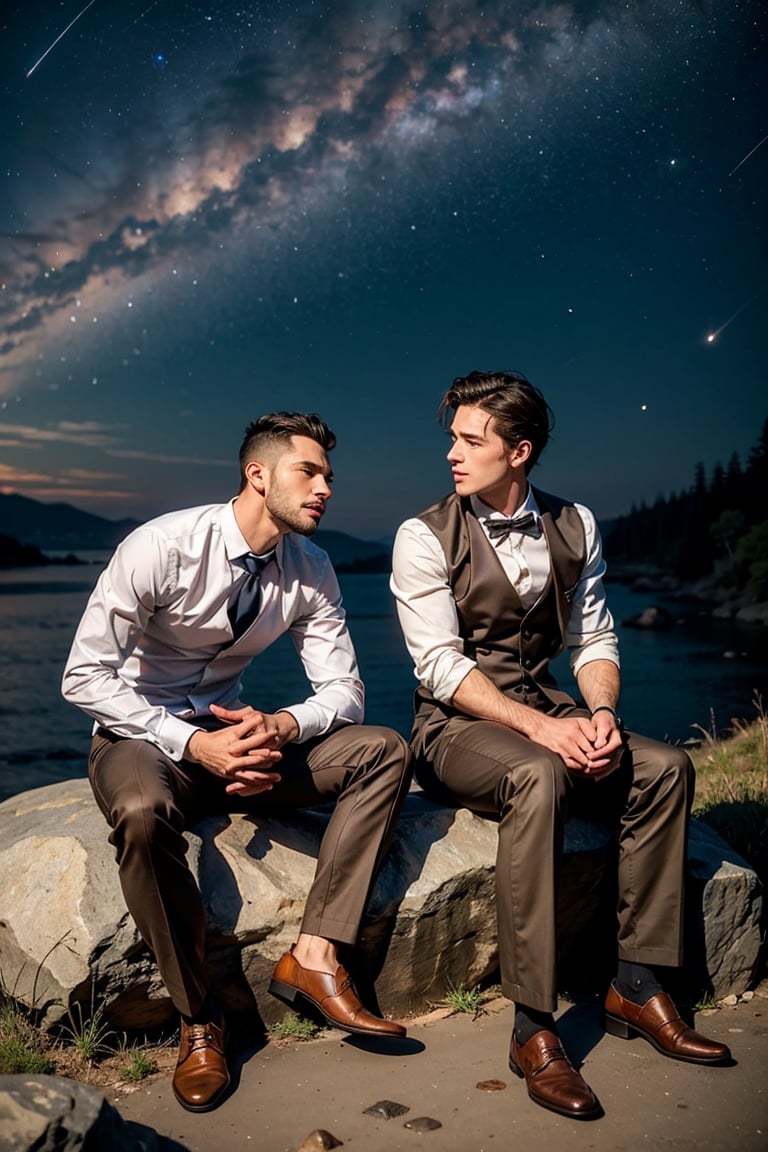 Handsome Men , Sitting on a rock and looking at the stars