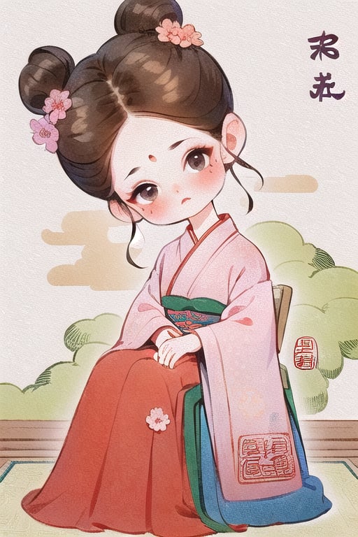 qgirl, 1girl, hair ornament, hanfu, hair flower, flower, sitting, chinese clothes, mole, solo, long sleeves, blush, brown hair, mole under eye, updo, brown eyes, head tilt, looking at viewer, female child, wide sleeves