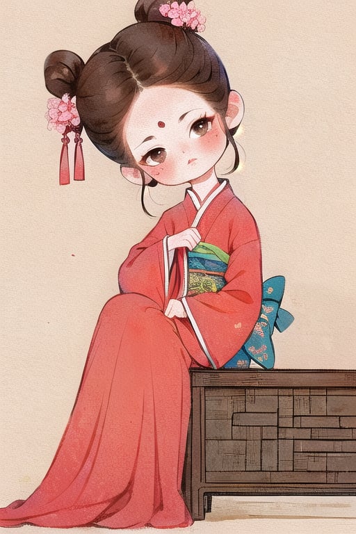 qgirl, 1girl, hair ornament, hanfu, hair flower, flower, sitting, chinese clothes, solo, long sleeves, blush, brown hair, mole under eye, updo, brown eyes, head tilt, looking at viewer