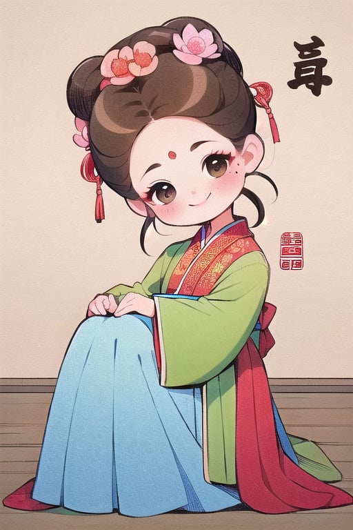 qgirl, 1girl, hair ornament, hanfu, hair flower, flower, sitting, chinese clothes, solo, long sleeves, blush, brown hair, mole under eye, updo, brown eyes, head tilt, looking at viewer,smile, qgirl