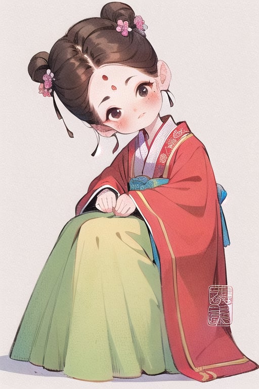 qgirl, 1girl, hair ornament, hanfu, hair flower, flower, sitting, chinese clothes, mole, solo, long sleeves, blush, brown hair, mole under eye, updo, brown eyes, head tilt, looking at viewer, female child, wide sleeves