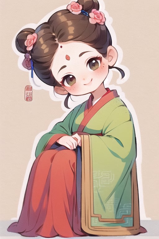 qgirl, 1girl, hair ornament, hanfu, hair flower, flower, sitting, chinese clothes, solo, long sleeves, blush, brown hair, mole under eye, updo, brown eyes, head tilt, looking at viewer,smile, qgirl