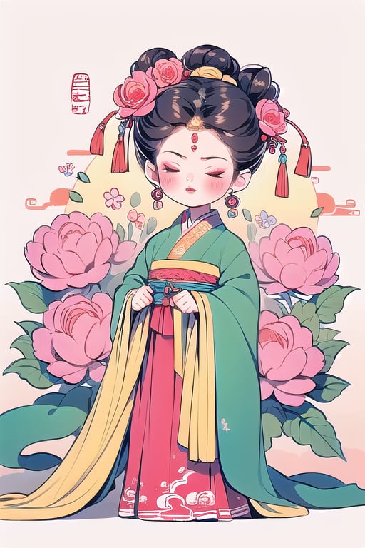 qgirl, 1girl, hair ornament, flower, solo, updo, hair flower, hanfu, chinese clothes, holding, jewelry, long sleeves, earrings, closed eyes, hair pulled back, full body, standing, hair bun, facing viewer, shawl, black hair, wide sleeves, pink flower, makeup, ribbon, forehead mark, sash, red lips, red ribbon, blush, simple background