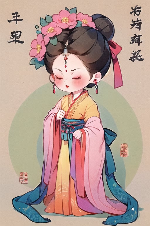 qgirl, 1girl, hair ornament, flower, solo, updo, hair flower, hanfu, chinese clothes, holding, jewelry, long sleeves, earrings, closed eyes, hair pulled back, chinese text, full body, standing, hair bun, facing viewer, shawl, black hair, wide sleeves, pink flower, makeup, ribbon, forehead mark, sash, red lips, red ribbon, blush, simple background, child