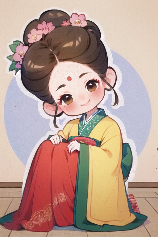 qgirl, 1girl, hair ornament, hanfu, hair flower, flower, sitting, chinese clothes, solo, long sleeves, blush, brown hair, mole under eye, updo, brown eyes, head tilt, looking at viewer,smile