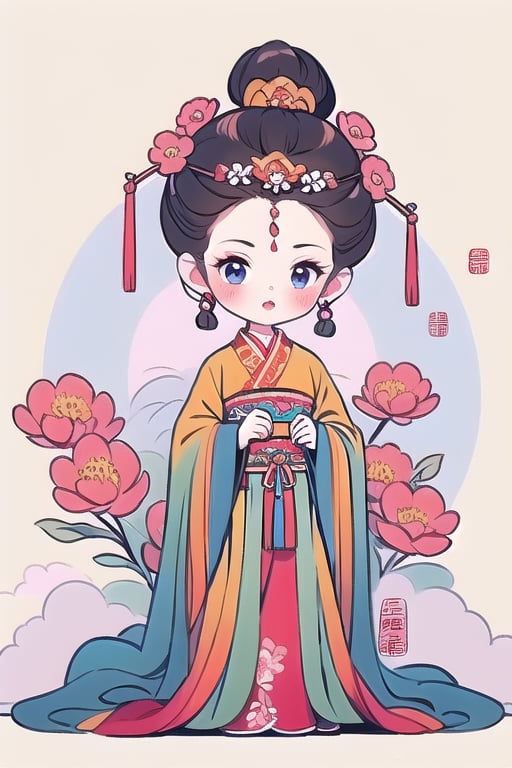 qgirl, 1girl, hair ornament, flower, solo, updo, hair flower, hanfu, chinese clothes, holding, jewelry, long sleeves, earrings, hair pulled back, full body, standing, hair bun, facing viewer, shawl, black hair, wide sleeves, pink flower, makeup, ribbon, forehead mark, sash, red lips, red ribbon, blush, simple background