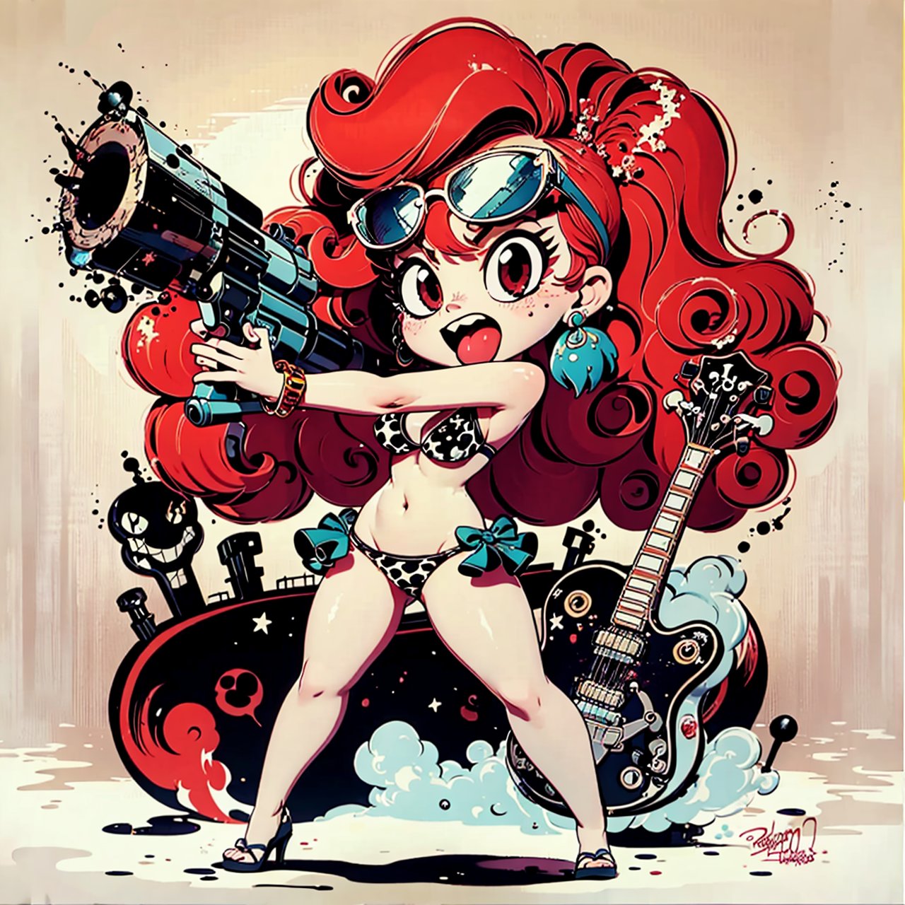 sdrhstyl3,  1girl,  solo,  aiming,  long hair,  open mouth,  upper teeth only,  navel,  jewelry,  swimsuit,  outstretched arms,  holding,  thompson submachine gun,  bikini,  red hair,  earrings,  sunglasses,  signature,  bracelet,  fire,  instrument,  guitar,  firing,  spot color,  paint splatter,  chibi,<lora:EMS-223265-EMS:0.700000>