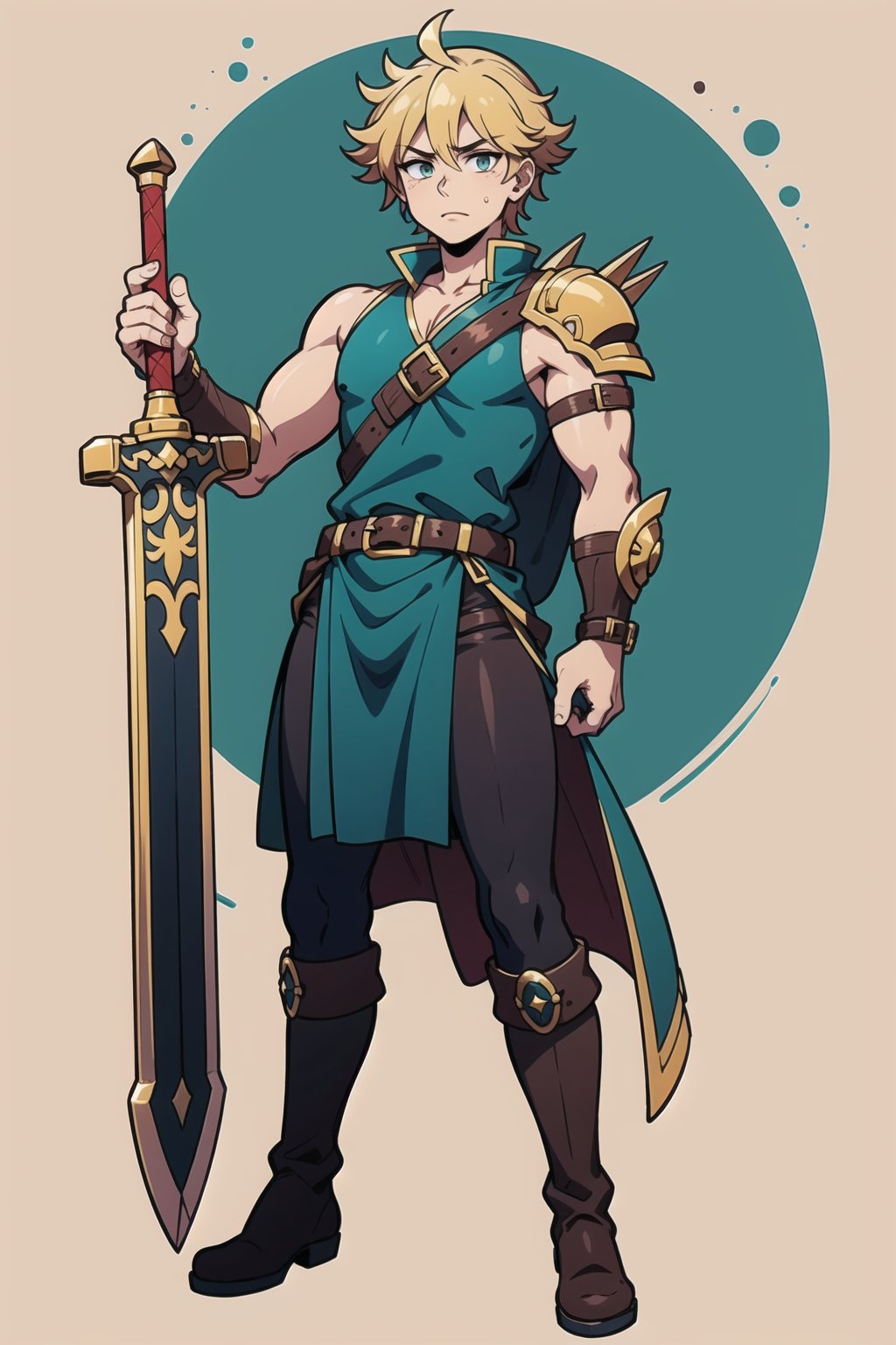 A wide angle full-length shot of Zepheus, Zepheus has a lean yet muscular warrior’s build, dirty blonde hair styled in a swept-back manner partially covering one piercing blue-green eye, His fair olive skin tone contrasts with his hair, Defined facial features like jawline and cheekbones, His outfit features a combat dark blue-green tunic with gold embellishments and intricate patterns, Greek-style leather greaves and vambraces have steampunk-esque accents, Earth-toned fantasy boots are accented in bronze and copper, a pauldron over one shoulder adds a touch of fantasy, Red colored trim details throughout the ensemble tie the look together and symbolize Zepheus’ connection to underworld deities and realms, his design reflects his unique heritage and conflicting loyalties, masterpiece, high details, 4K, Zepheus, tunic, pauldron, vambraces, laural crown, holding sword,Zepheus,spiky hair,tunic