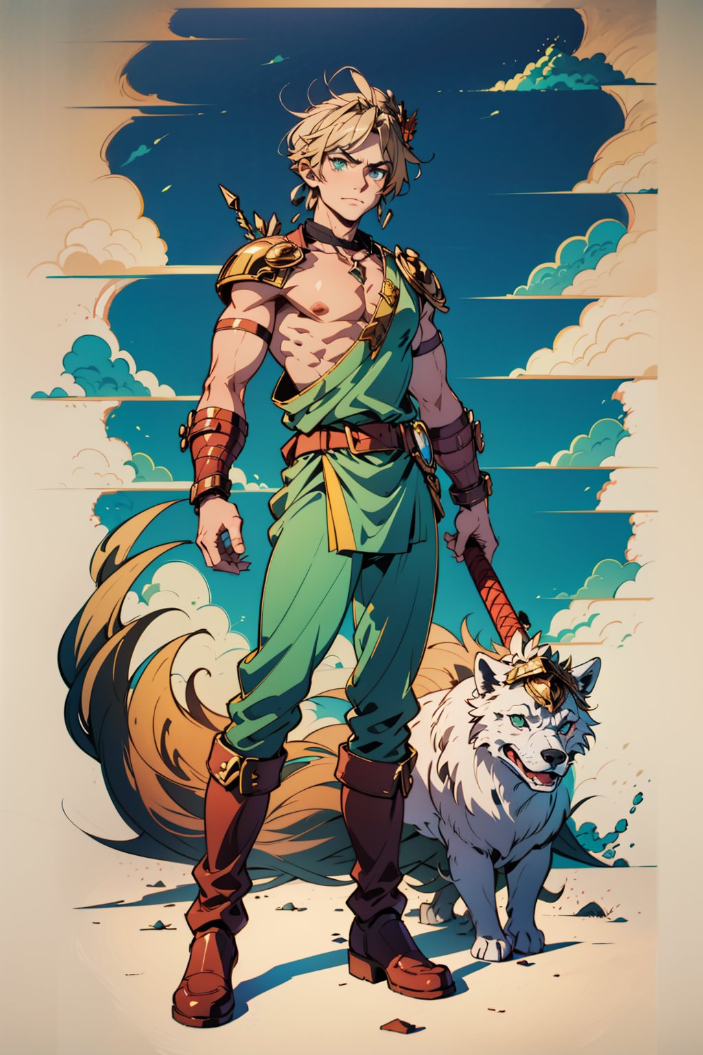 A wide angle full-length shot of Zepheus, Zepheus has a lean yet muscular warrior’s build, dirty blonde hair styled in a swept-back manner partially covering one piercing blue-green eye, His fair olive skin tone contrasts with his hair, Defined facial features like jawline and cheekbones, His outfit features a combat dark blue-green tunic with gold embellishments and intricate patterns, Greek-style leather greaves and vambraces have steampunk-esque accents, Earth-toned fantasy boots are accented in bronze and copper, a metal wolf skull pauldron over one shoulder adds a touch of fantasy, Red colored trim details throughout the ensemble tie the look together and symbolize Zepheus’ connection to underworld deities and realms, his design reflects his unique heritage and conflicting loyalties, masterpiece, high details, 4K, Zepheus, tunic, animal skull pauldron, vambraces, laural crown, holding sword