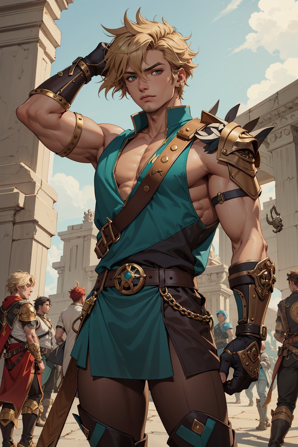 A wide angle full-length shot of Zepheus,  Zepheus has a lean yet muscular warrior’s build,  dirty blonde hair styled in a swept-back manner partially covering one piercing blue-green eye,  His fair olive skin tone contrasts with his hair,  Defined facial features like jawline and cheekbones,  His outfit features a combat dark blue-green tunic with gold embellishments and intricate patterns,  Greek-style leather greaves and vambraces have steampunk-esque accents,  Earth-toned fantasy boots are accented in bronze and copper,  a metal wolf skull pauldron over one shoulder adds a touch of fantasy,  Red colored trim details throughout the ensemble tie the look together and symbolize Zepheus’ connection to underworld deities and realms,  his design reflects his unique heritage and conflicting loyalties