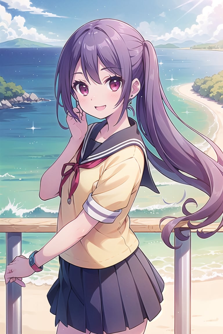 (masterpiece,Best  Quality, High Quality, Best Picture Quality Score: 1.3), (Sharp Picture Quality), Perfect Beauty: 1.5, (Japanese School Uniform), One,purple_hair , long-hair, Beautiful woman ,Mini Skirt, Great Smile, Very Beautiful View, Fluttering Skirt, the sea, (Most fantastic view),tying her hair.