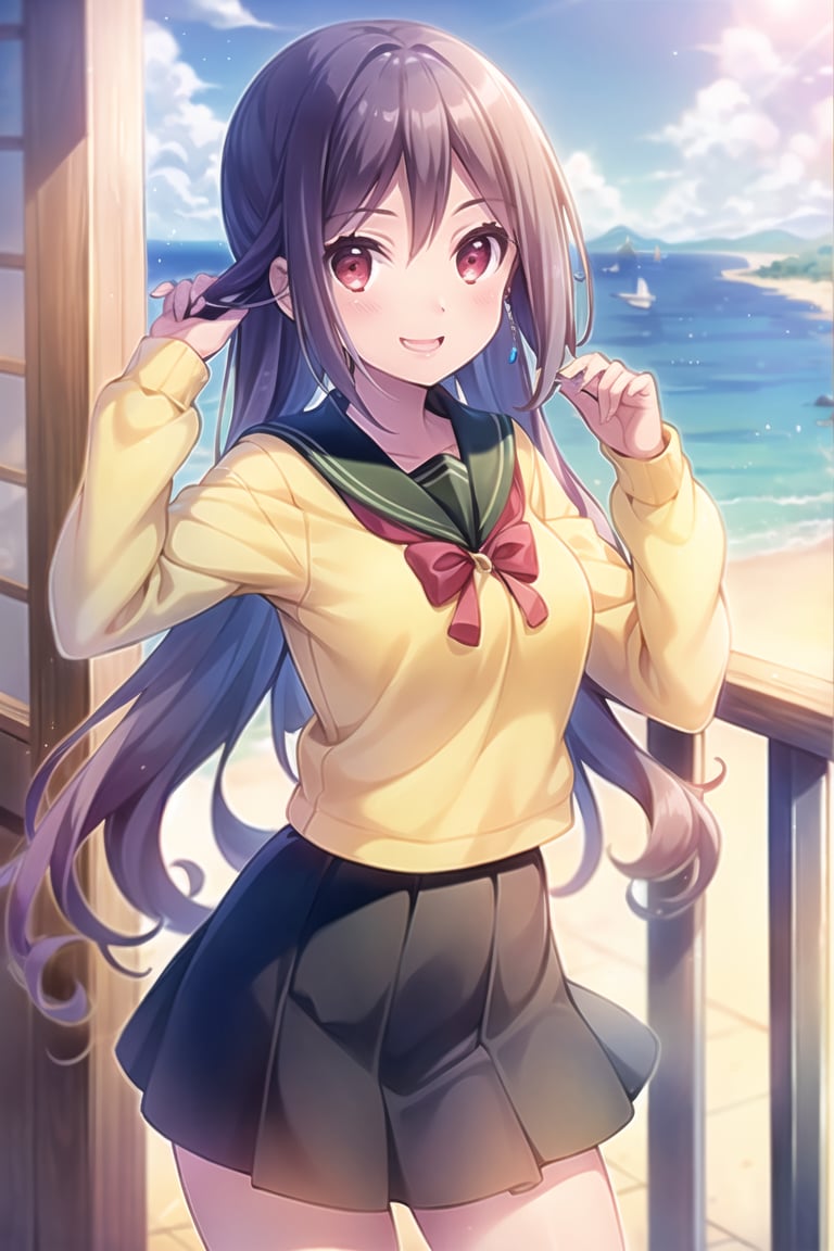 (masterpiece,Best  Quality, High Quality, Best Picture Quality Score: 1.3), (Sharp Picture Quality), Perfect Beauty: 1.5, (Japanese School Uniform), One,purple_hair , long-hair, Beautiful woman ,Mini Skirt, Great Smile, Very Beautiful View, Fluttering Skirt, the sea, (Most fantastic view),tying her hair,Yellow Sweater