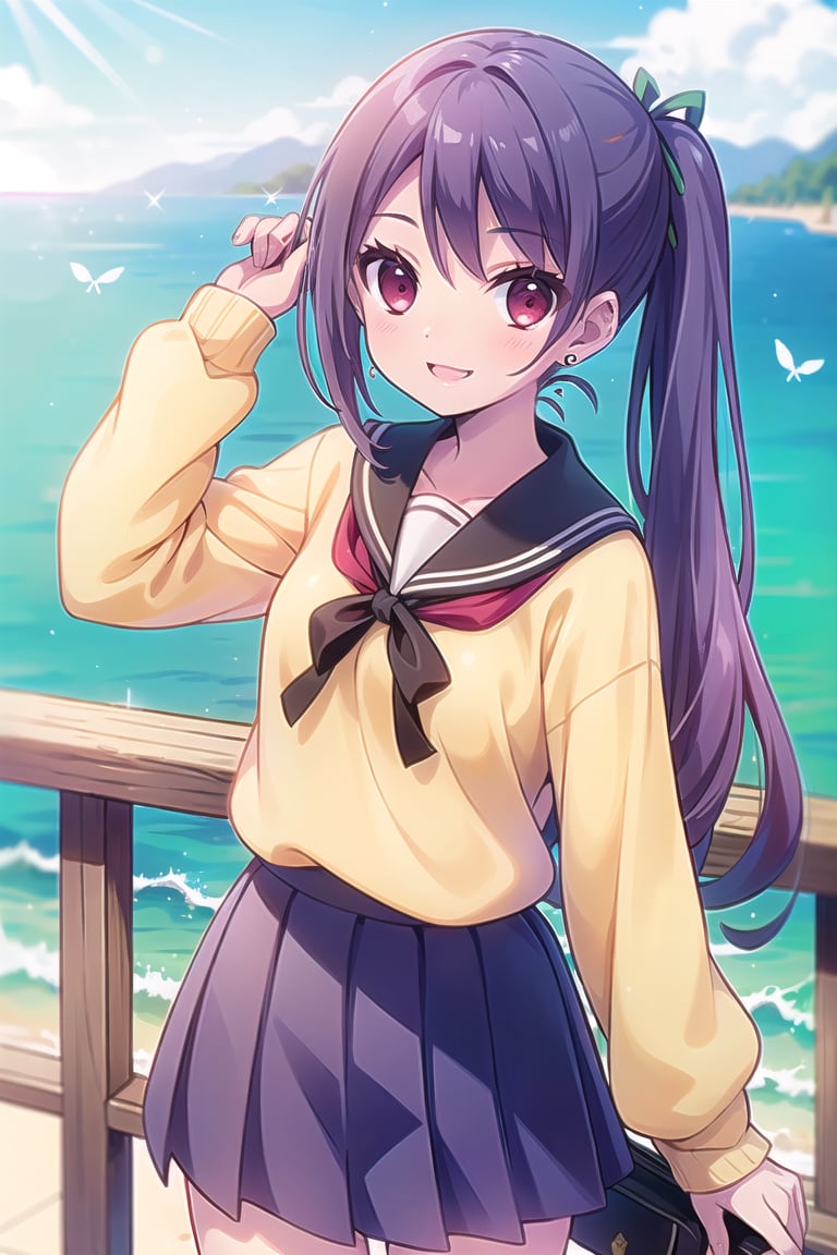 (masterpiece,Best  Quality, High Quality, Best Picture Quality Score: 1.3), (Sharp Picture Quality), Perfect Beauty: 1.5, (Japanese School Uniform), One,purple_hair , long-hair, Beautiful woman ,Mini Skirt, Great Smile, Very Beautiful View, Fluttering Skirt, the sea, (Most fantastic view),tying her hair,Yellow Sweater