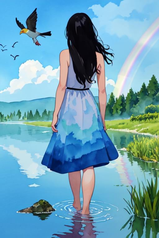 masterpiece, best quality, absurdres, illustration, watercolor, 1girl, solo, long hair, black hair, dress, skirt hold, wading, sleeveless, barefoot, bare shoulders, standing, from behind, outdoors, cloud, sky, bird, water, rainbow, <lora:CartoonCraftLora_V1:1>