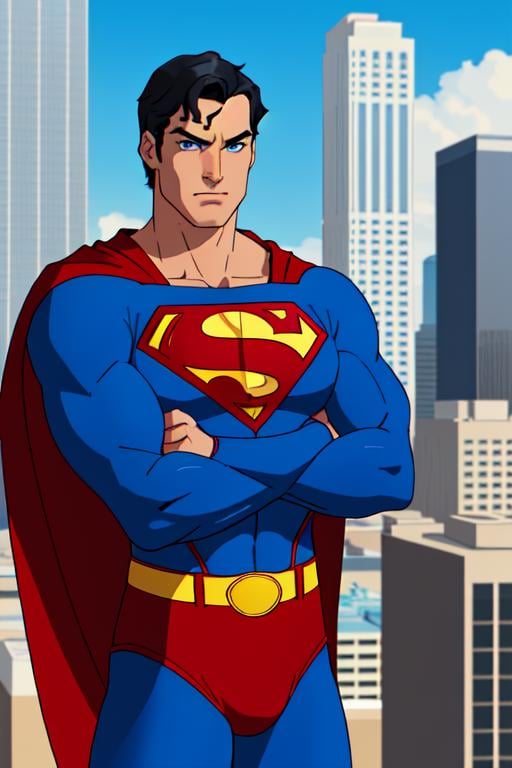 1boy, superman, abs, bara, black hair, blue bodysuit, blue eyes, bodysuit, cape, closed mouth, crossed arms, large pectorals, male focus, muscular, muscular male, pectoral lift, pectorals, red cape, short hair, outdoors, skyscrapers, solo, superhero, upper body , ((masterpiece)),<lora:CartoonCraftLora_V1:0.75>